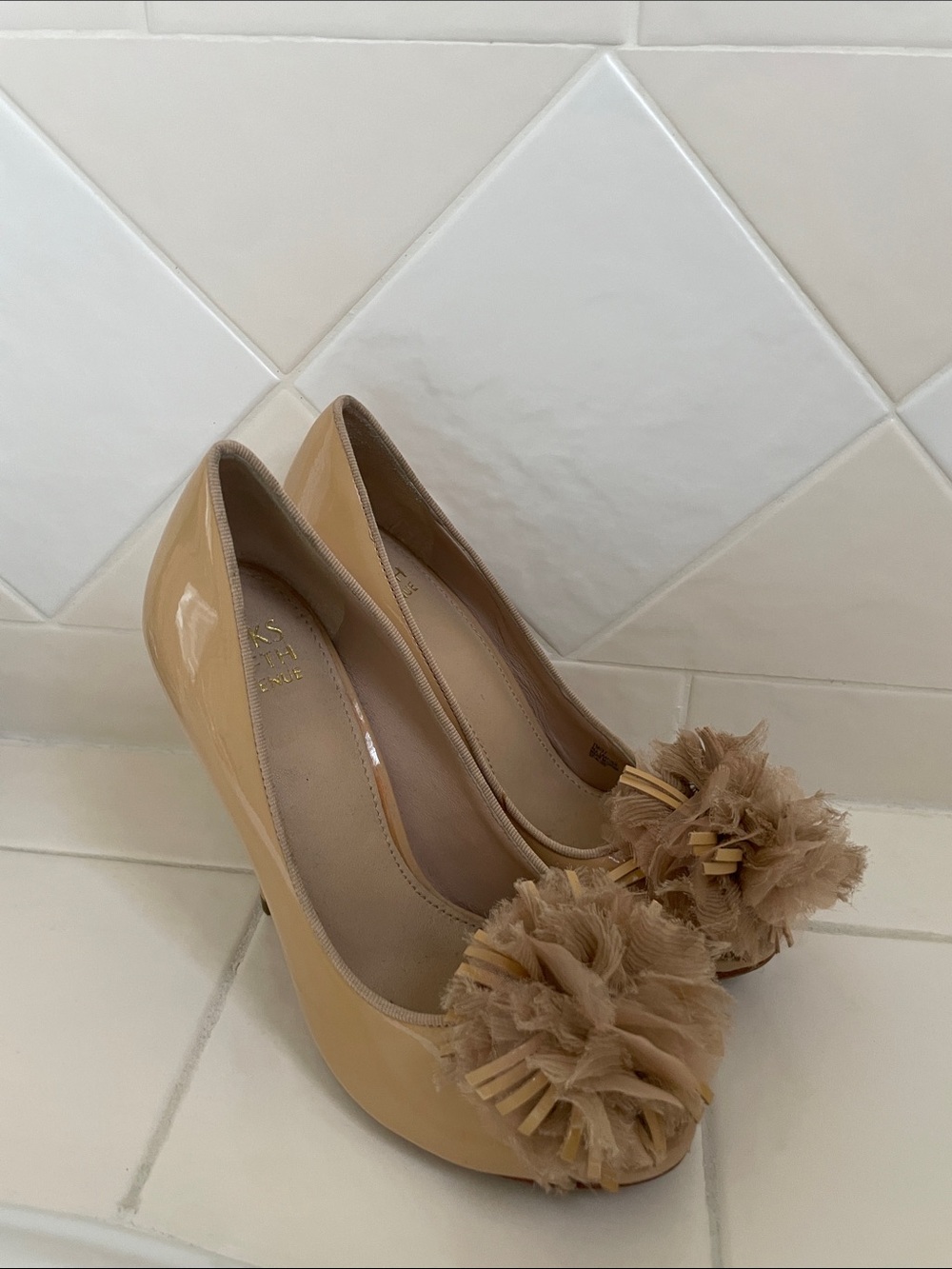 Saks Fifth Avenue Nude Patent Pom Pom Pumps